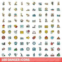 100 danger icons set, color line style vector