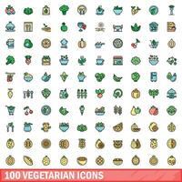 100 vegetarian icons set, color line style vector