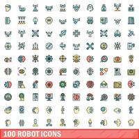 100 robot icons set, color line style vector