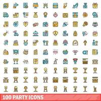 100 party icons set, color line style vector