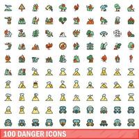 100 danger icons set, color line style vector