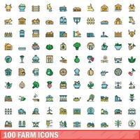 100 farm icons set, color line style vector