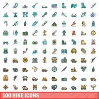 100 hike icons set, color line style vector