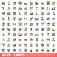 100 party icons set, color line style vector