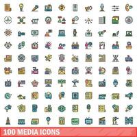 100 media icons set, color line style vector