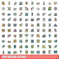 100 media icons set, color line style vector