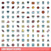 100 meat icons set, color line style vector