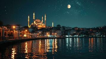 ai generado hermosa mezquita debajo el Luna a noche de ramadhan foto