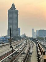 Jakarta, Indonesia, 2023 - Evening Skyline with High-Rise Buildings and Rail Transportation photo