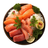 ai gegenereerd Zalm sashimi met rijst- en peterselie geïsoleerd Aan transparant achtergrond png