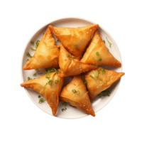 ai generiert Teller mit lecker Samosas auf transparent Hintergrund png