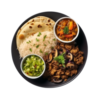 AI generated Top view of a black plate with indian food isolated on a transparent background png