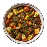 AI generated Beef stew with potatoes and carrots in a bowl isolated on transparent background png