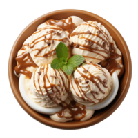 AI generated Tasty ice cream balls and caramel sauce on transparent background png