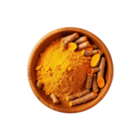 AI generated Turmeric powder in wooden bowl isolated on transparent background png