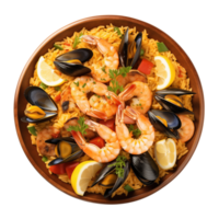 AI generated Bowl of tasty paella with shrimps and mussels on transparent background png