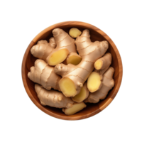 AI generated Ginger root in wooden bowl isolated on transparent background png