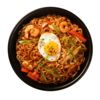 AI generated Instant noodles with shrimps and egg in bowl on transparent background png