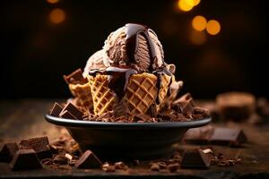 AI generated A waffle cone filled with chocolate ice cream on a wooden background, dusted with cocoa powder and surrounded by dark chocolate, Mid-angle Shot photo