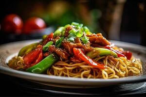 AI generated Stir-Fried Noodles with Colorful Vegetables on a Plate, Close-up Shot photo