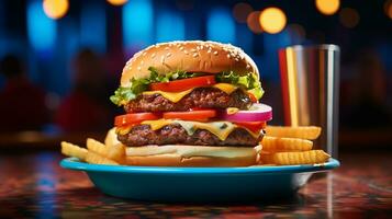 AI generated Stacked mouth-watering double cheeseburger on the plate, Close-up Shot photo