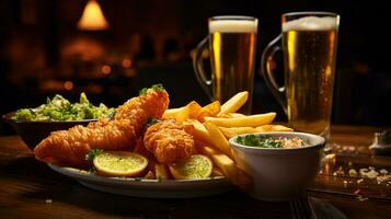 ai generado crujiente pescado y dorado papas fritas con limón cuña servido en blanco plato con un medio litro de cerveza, de cerca Disparo foto