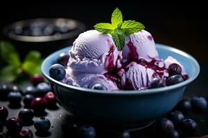 AI generated Blueberry ice cream in a white ceramic bowl with mint leaves and drizzled with blueberry syrup, Close-up Shot photo