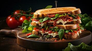 AI generated Classic triple-layered sandwich with white bread on the wooden cutting board, Overhead Shot photo