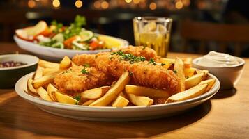 AI generated Crispy fish and golden chips with lemon wedge on plate, Close-up Shot photo