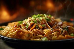 AI generated Irresistible Crispy Fried Noodles on a Plate, Macro Shot photo