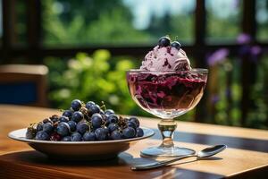 AI generated Blueberry ice cream served in a glass cup on a rustic wooden table, Mid-angle Shot photo