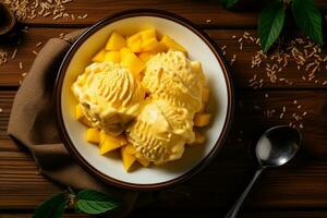 AI generated Mango ice cream accompanied by a fresh mango fruit cut on a wooden table, Overhead shot photo