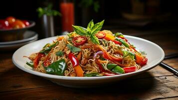 AI generated Stir-fried noodles with vegetables on rustic wooden table, Close-up Shot photo