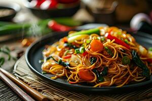 AI generated A Plate with Colorful Stir-Fried Noodles accompany with Fresh Vegetables, Mid-angle Shot photo