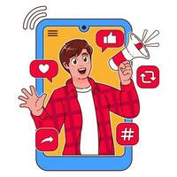 Man with a megaphone in his hand. Social media concept vector