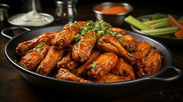 AI generated Chicken wings tossed in buffalo sauce served with celery sticks and cheese, Close-up Shot photo