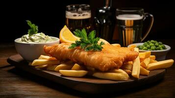 ai generado crujiente pescado y dorado papas fritas con limón cuña servido en blanco plato con un medio litro de cerveza, de cerca Disparo foto