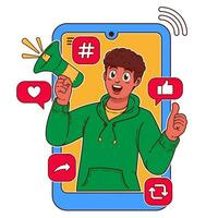 Man with a megaphone in his hand. Social media concept vector