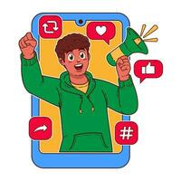 hombre con un megáfono en su mano. social medios de comunicación concepto vector