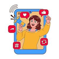 Woman with a megaphone in her hand. Social media concept vector