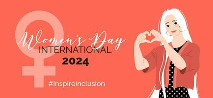 Inspireinclusion. 2024 International Women's Day horizontal banner. Woman showing sign of heart with her hands. Design for poster, campaign, social media post. Vector illustration, background.