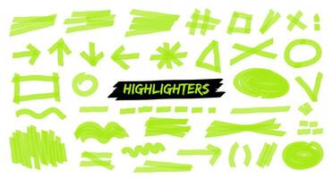 Set of hand drawn highlight brush lines, shapes, elements. isolated vector objects on white background. Doodle neon green strokes of marker. Acid highlighters marker stripes, underlines for any use.