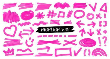 Highlight brush lines, shapes, elements. Big set of hand draw isolated vector objects on white background. Neon pink doodle strokes. Acid highlighters marker stripes, underlines for any use.