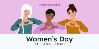 Inspireinclusion. 2024 International Women's Day horizontal banner. Cartoon women showing sign of heart with their hands. Design for poster, campaign, social media post. Vector illustration.