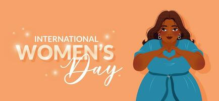 International Women's Day. 8 March. Inspire inclusion. Banner with indian woman showing sign of heart. Modern vector design for poster, campaign, social media post. Body positive movement.