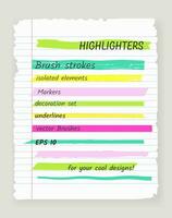 Brush highlight lines and strokes set. isolated vector design elements on background. Doodle neon various strokes of marker. Acid highlighters marker stripes, underlines for any use.