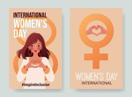 Inspireinclusion. 2024 International Women's Day vertical banners set. Cartoon woman showing sign of heart. Female sign of Venus. Design for poster, campaign, social media post. Vector illustration.