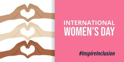 Inspireinclusion. 2024 International Women's Day horizontal banner. Female hands showing sign of heart. Modern design for poster, campaign, social media post. Vector illustration.