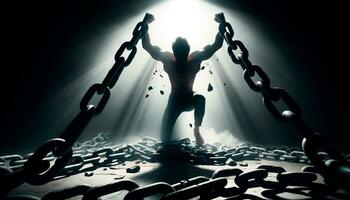 AI generated Strong and courageous man forcefully breaks free from heavy chains, exemplifying the pursuit of self improvement and the relentless drive towards personal freedom and overcoming barriers photo