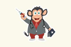 mono médico mascota pegatina logo diseño. salud y cuidado icono concepto. mono médico con inyección pegatina vector diseño.